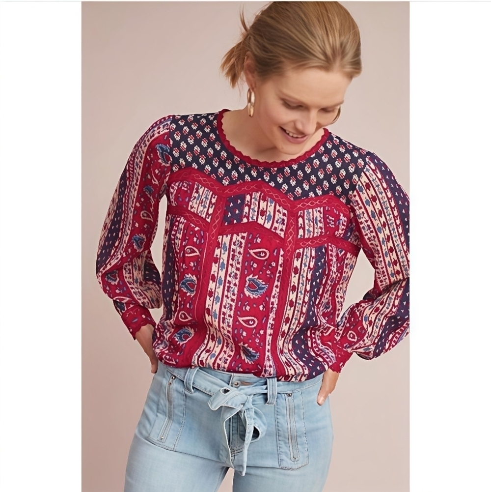 Maeve Anthropologie Gretchen Long Sleeve Patchwork Boho Button Up Blouse Size 6